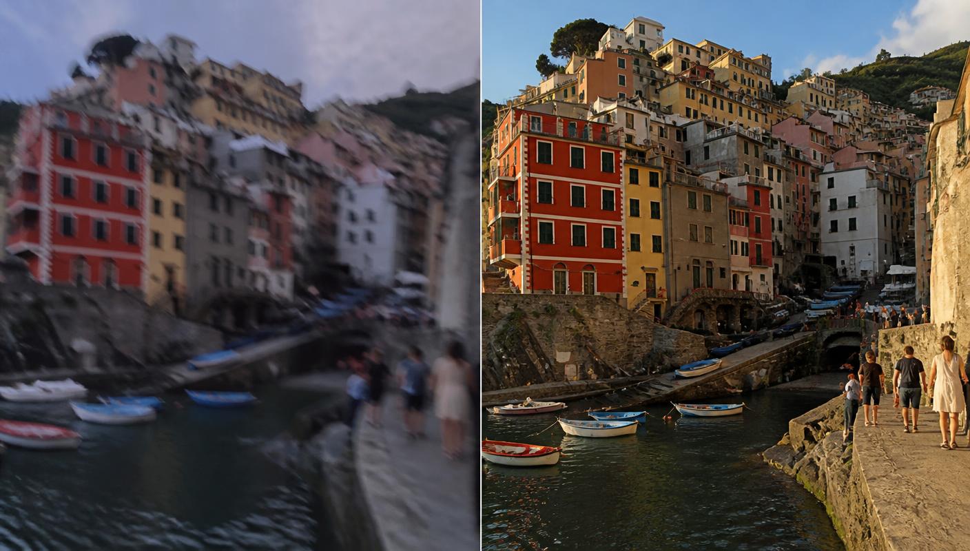 Confronto tra ripresa a mano libera mossa e ripresa stabilizzata nitida di un borgo ligure
