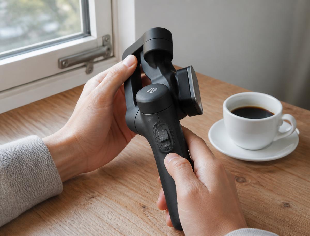 Mani che impugnano lo stabilizzatore per smartphone su un tavolo di legno